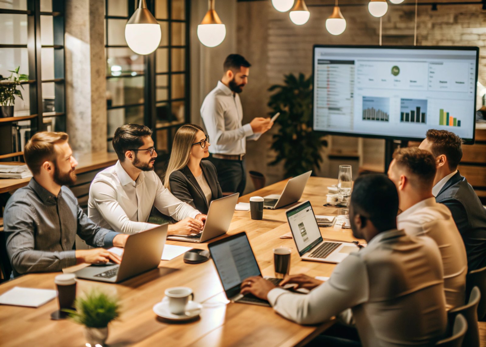 Equipe analisando resultados e dashboards em uma apresentação